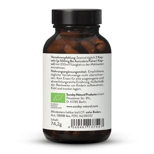 Sunday Natural Products  Bio Auricularia Pulver Kapseln