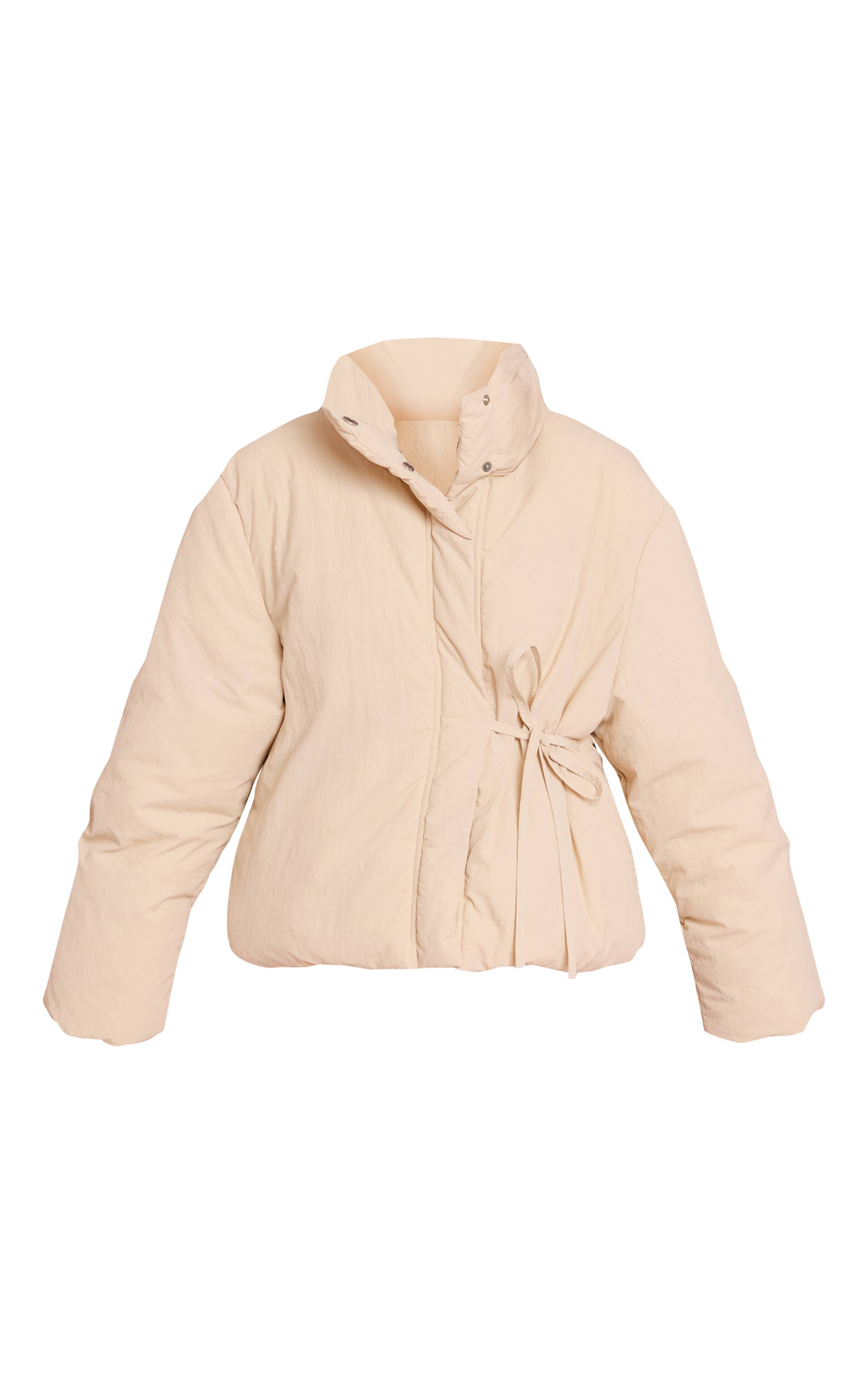 Crème Veste Matelassée Bouffante À Col Montant Et Ceinture À Nouer Effet Délavé