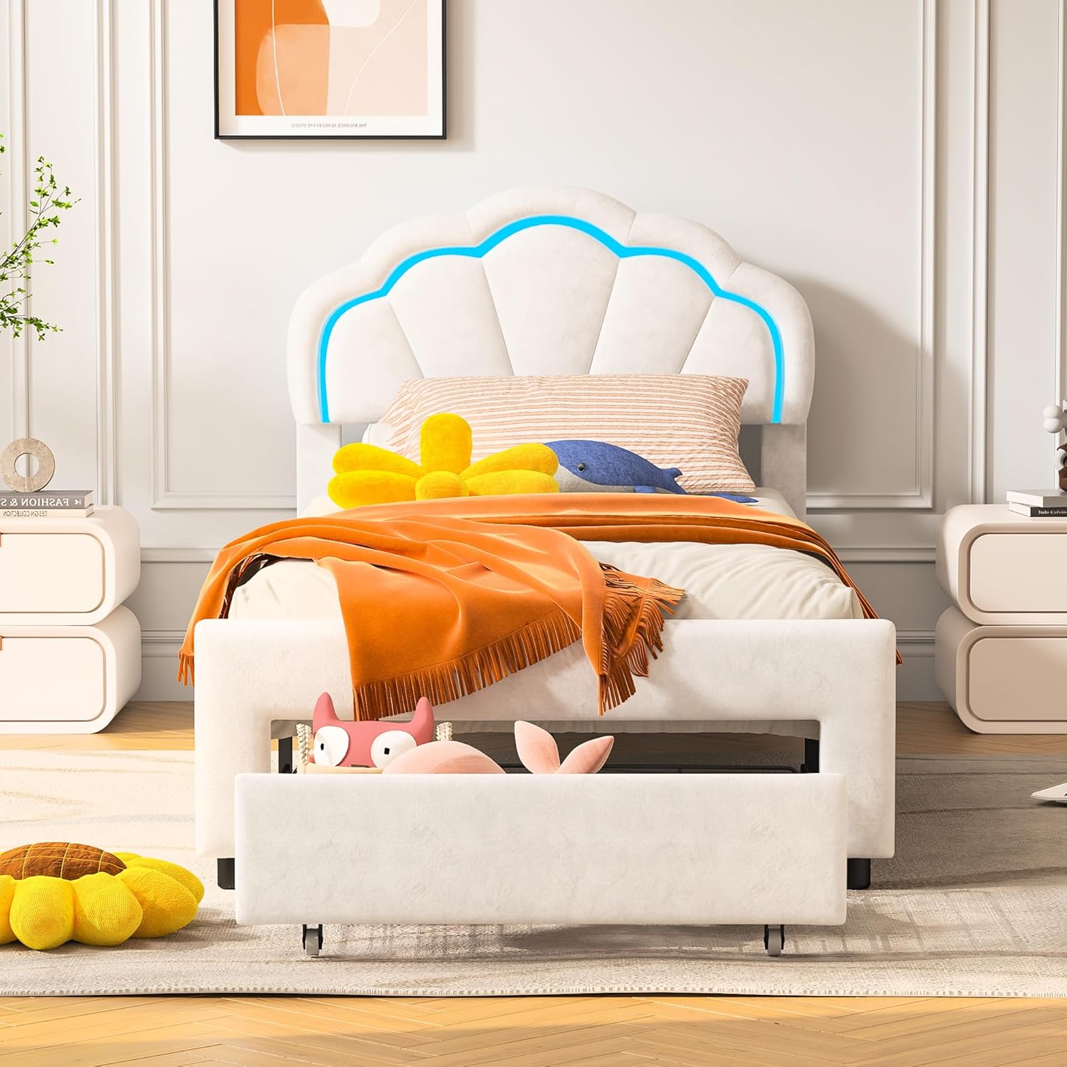 Einzelbett Kinderbett 90x200cm, Polsterbett mit LED-Beleuchtung & Schubladen, Prinzessinnenbett Mädchenbett mit Blumenkopfteil, Samtstoff, Weiß,Ohne Matratze(Beige-Blumen+LED)
