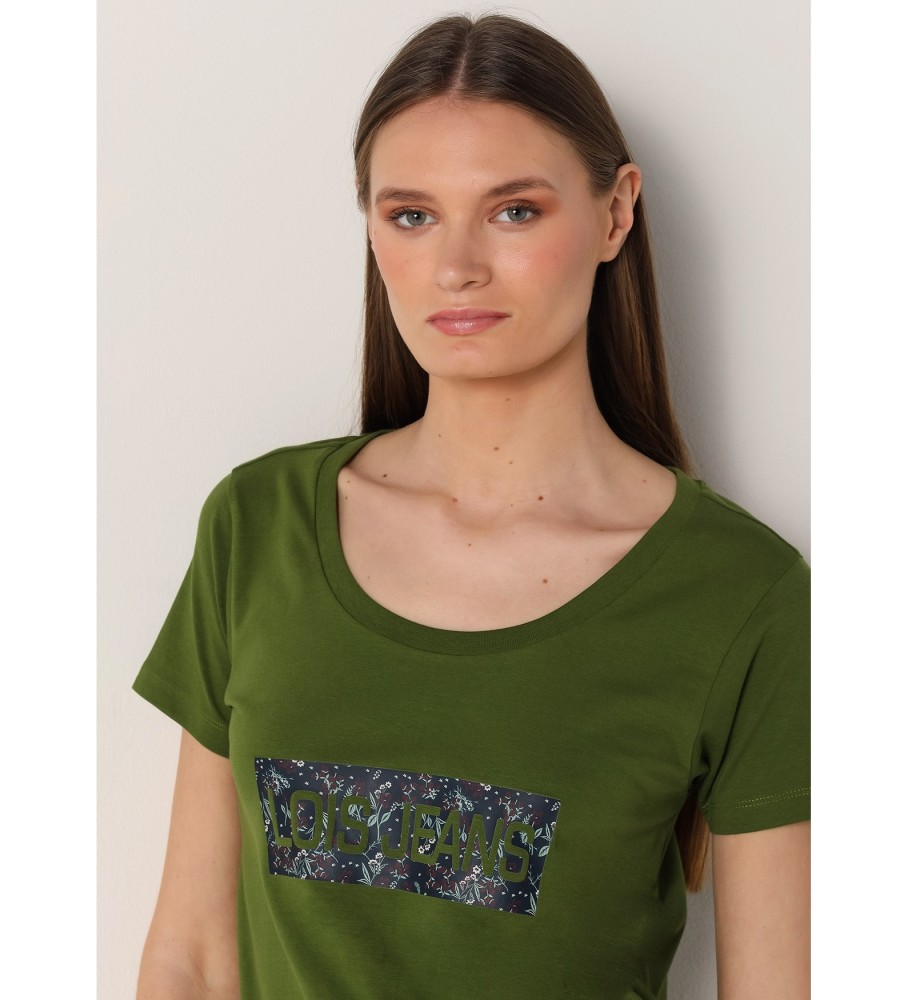 Camiseta de manga curta Lois com estampa floral verde e logo.