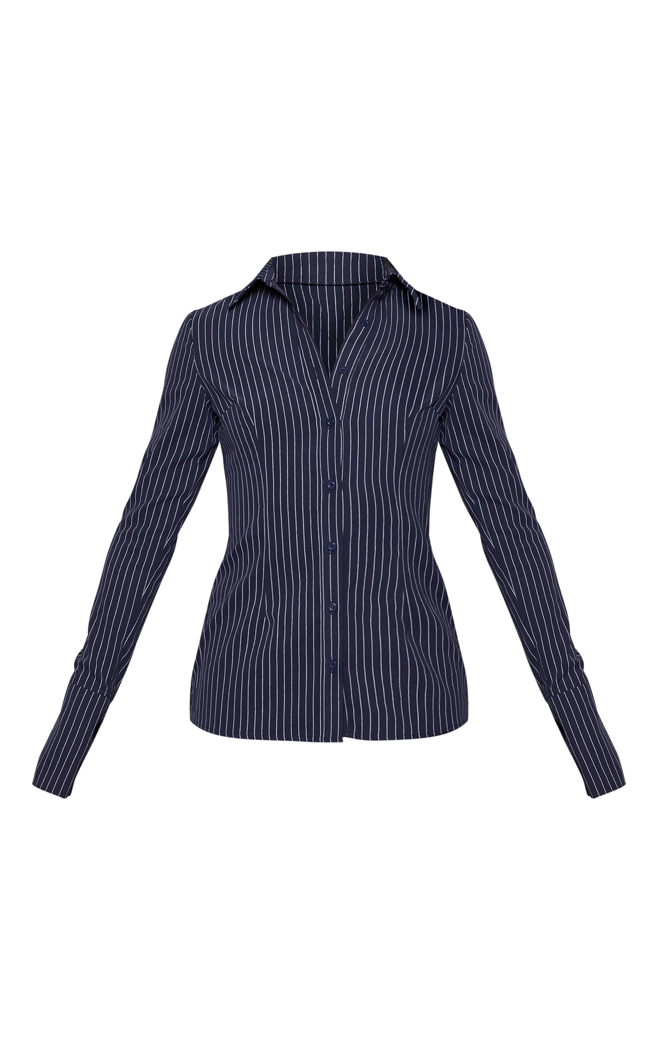 Bleu Marine Chemise Cintrée Tissée À Fines Rayures