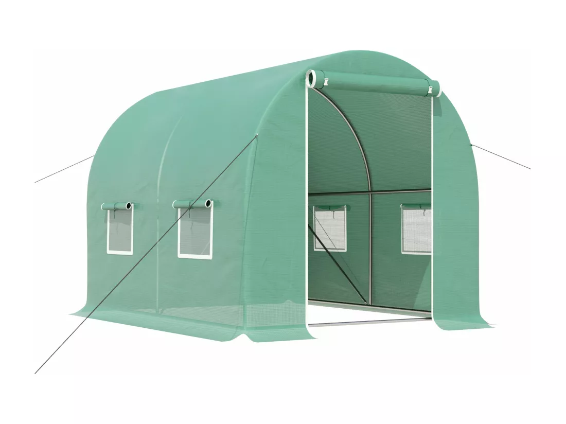 Serre de jardin tunnel 6 m² 3L x 2l x 1,9H m acier galvanisé renforcé diamètre 2,4 cm + PE haute densité fenêtres porte vert