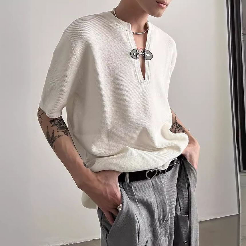 GRAYCIOUS - Top met korte mouwen en inkeping in de hals, effen gebreide gesp