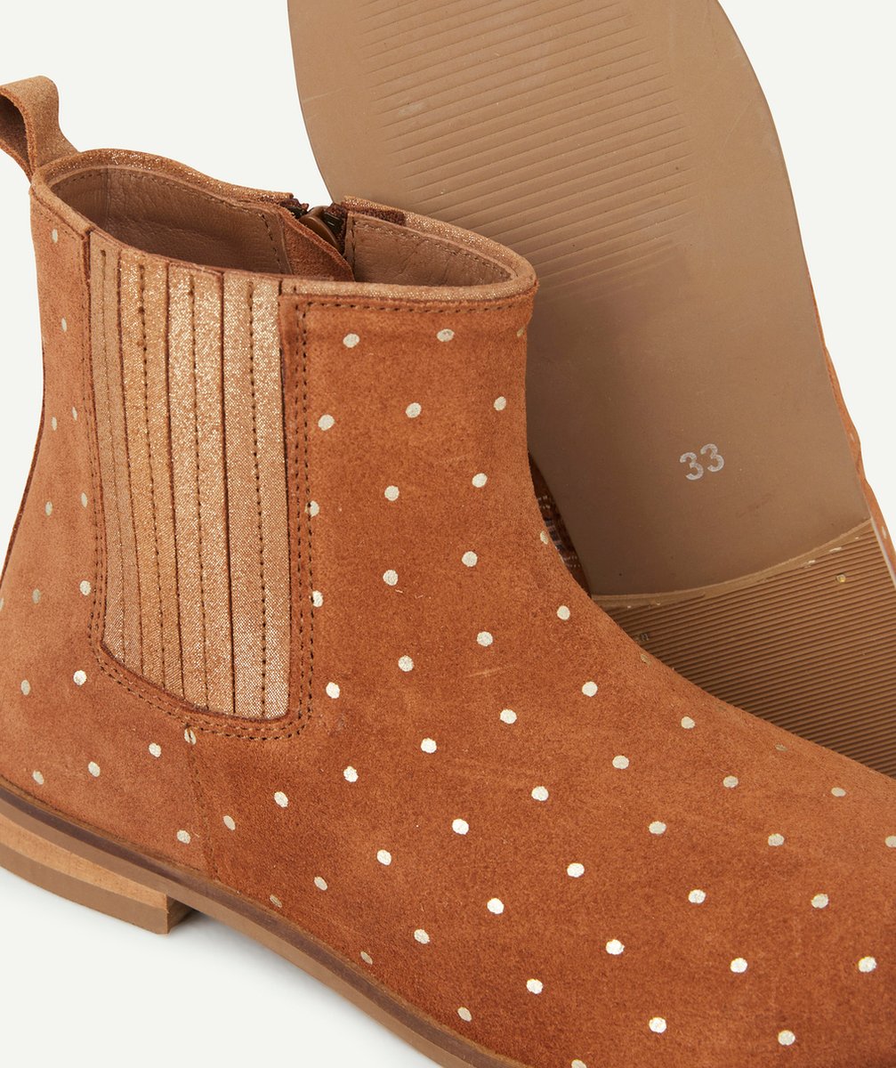 BOTTINES FILLE EN CUIR CAMEL AVEC POIS COULEUR DORÉE
