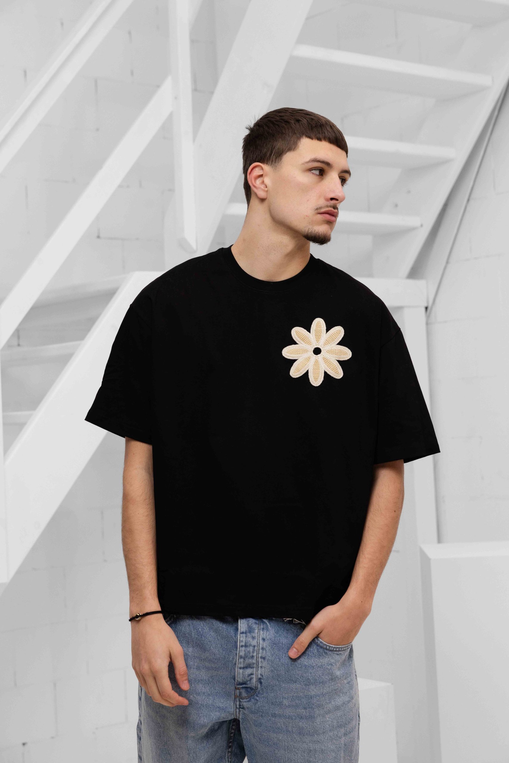 Project X Paris Embroidered Flower T-Shirt Heren Zwart
