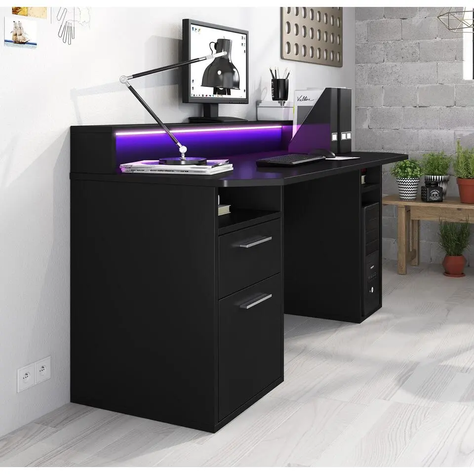 Meubella - Bureau Tamara 3 - Zwart - 160 cm - Met LED