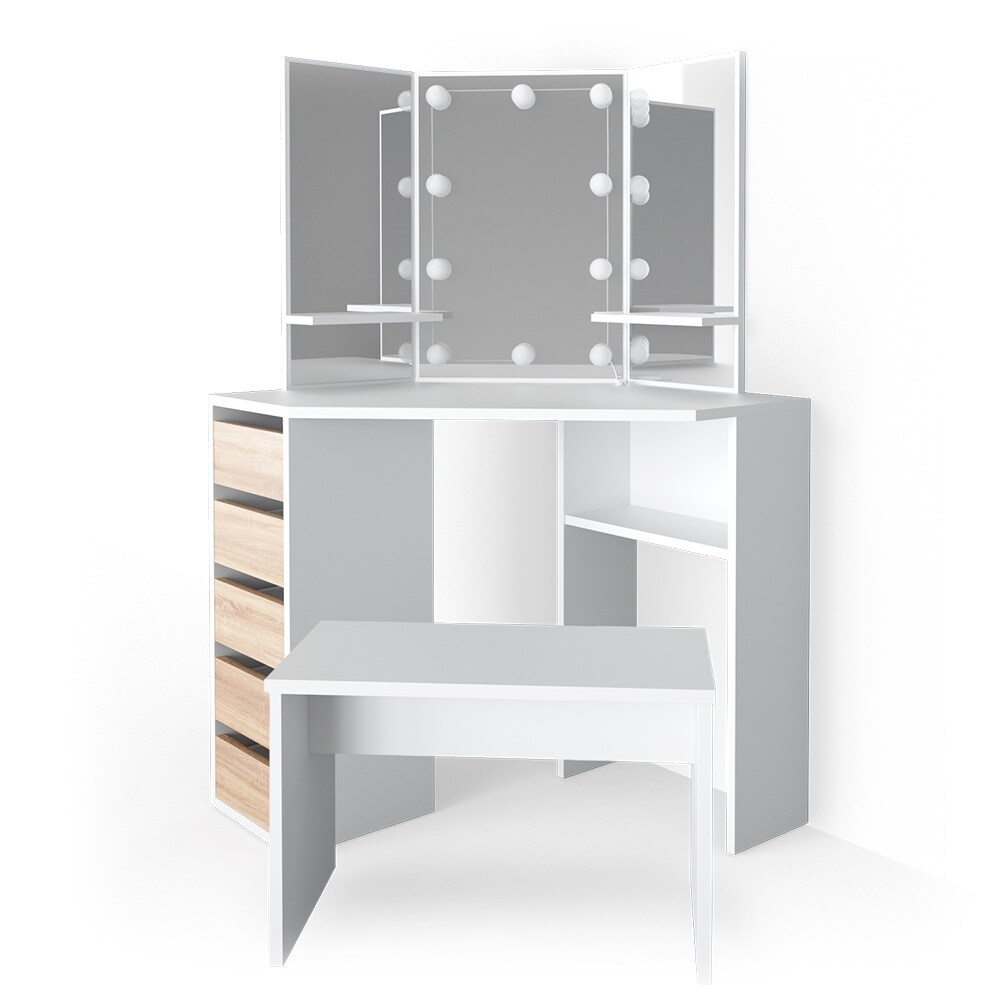 VICCO LED Eckschminktisch ARIELLE Kosmetiktisch Frisiertisch Weiß Eiche Bank