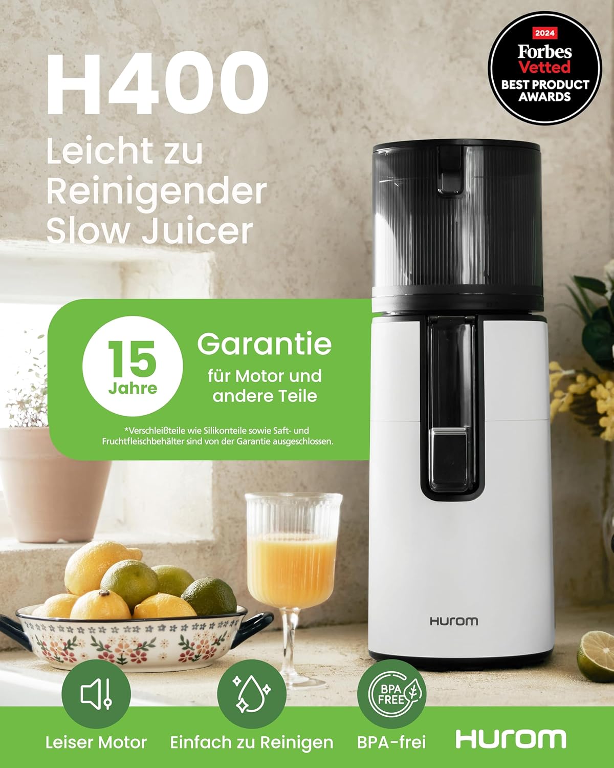 Hurom Slow Juicer | Entsafter Gemüse und Obst | H400 | Leicht zu Reinigen & Leiser Motor Elektrischer Entsafter mit großem Behälter und Siebfilter 2L | 150 Watt | BPA Frei | Weiß