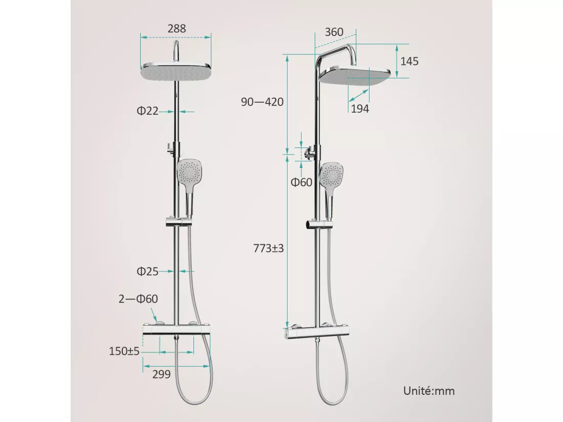 EMKE Colonne de douche thermostatique, Chrome, ensemble de douche avec 38℃ thermostat Douche de pluie et douchette à main, Réglable en Hauteur, Carré