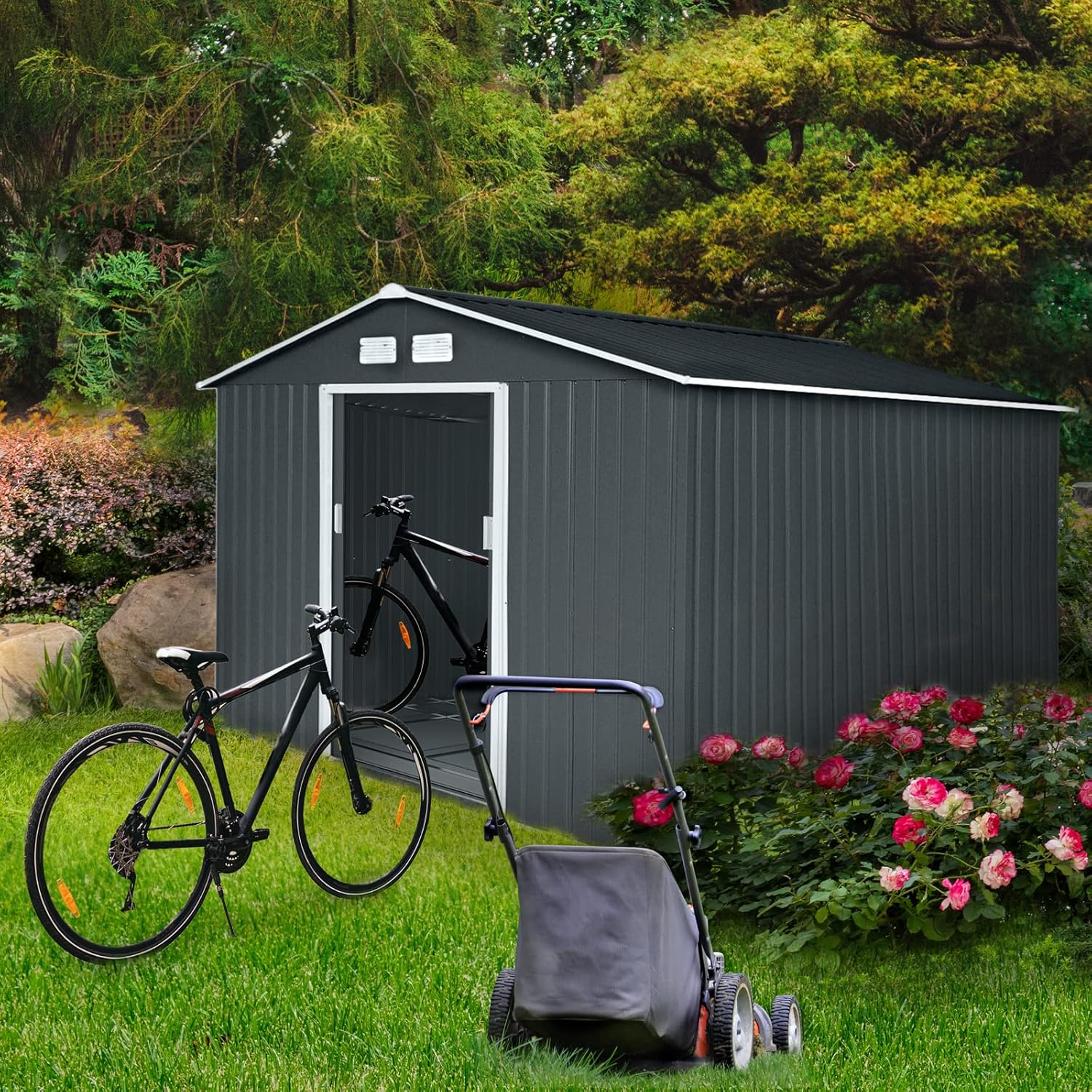 S300 Metall Gerätehaus XXXL 277x319x192cm Geräteschuppen Garten Schuppen Gartenhaus Satteldach Anthrazit Dunkelgrau