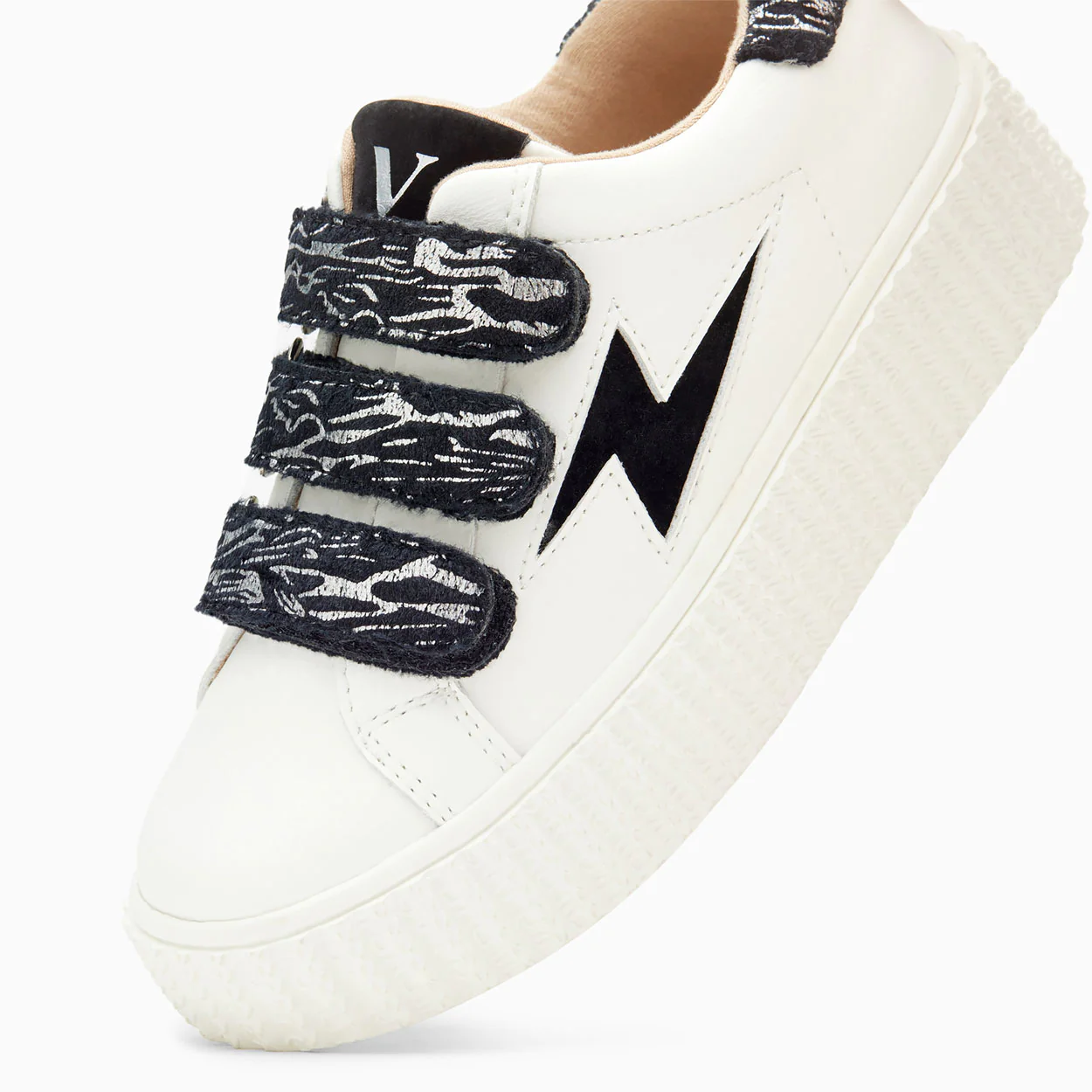 Sneakers-Baskets éclair Mini Ingrid blanc et noir imprimé zèbre à scratchs