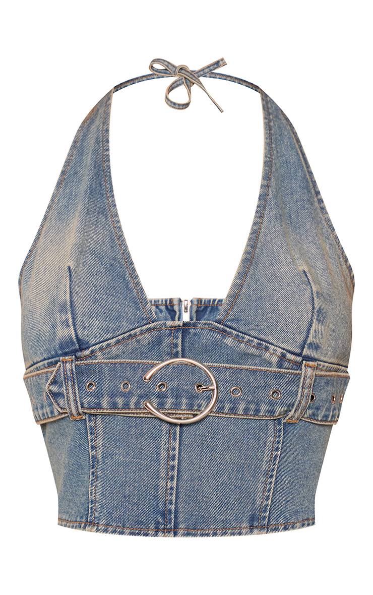 Délavage Vintage Haut Ajusté Col Licou Avec Détail Ceinture En Denim Petite