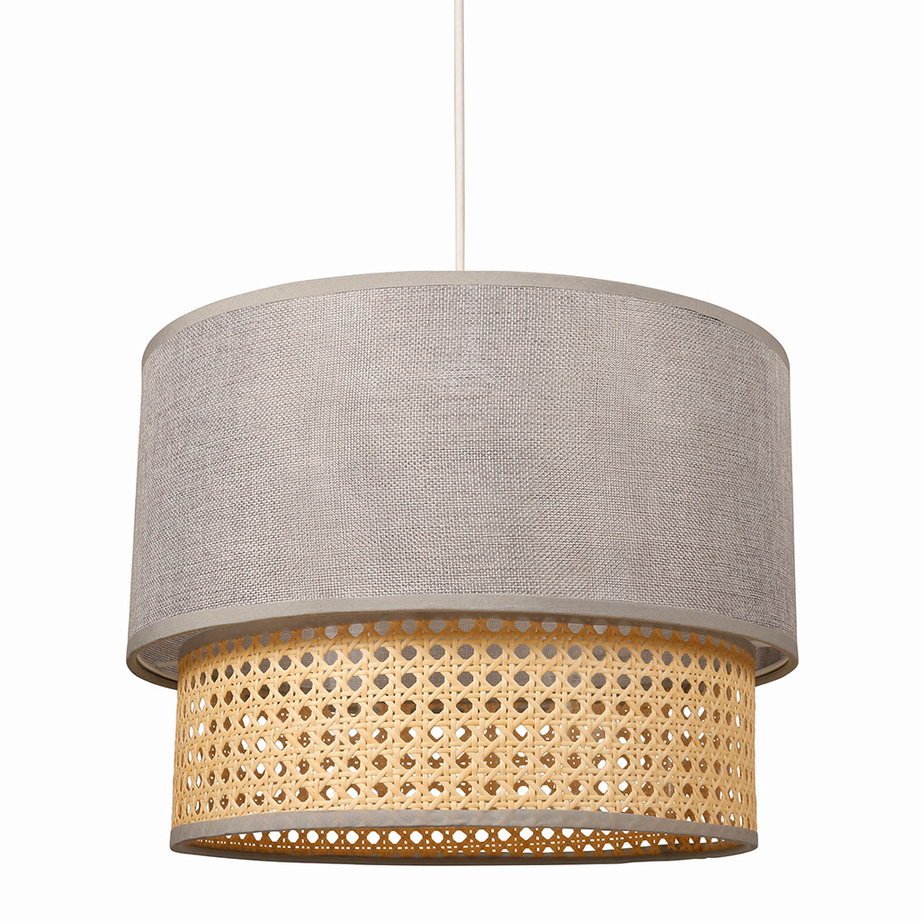 Suspension double abat-jour cannage et gris D 35x26cm