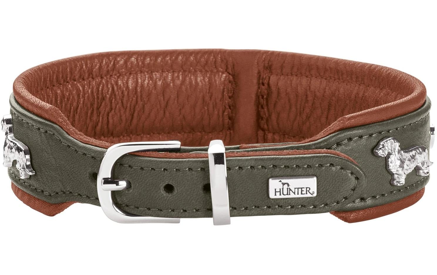 Teckel-Halsband München 32/XS, Rindsleder, Grün/CognacKlassisches Halsband für Hunde mit auffälligen Dackel-Besätzen