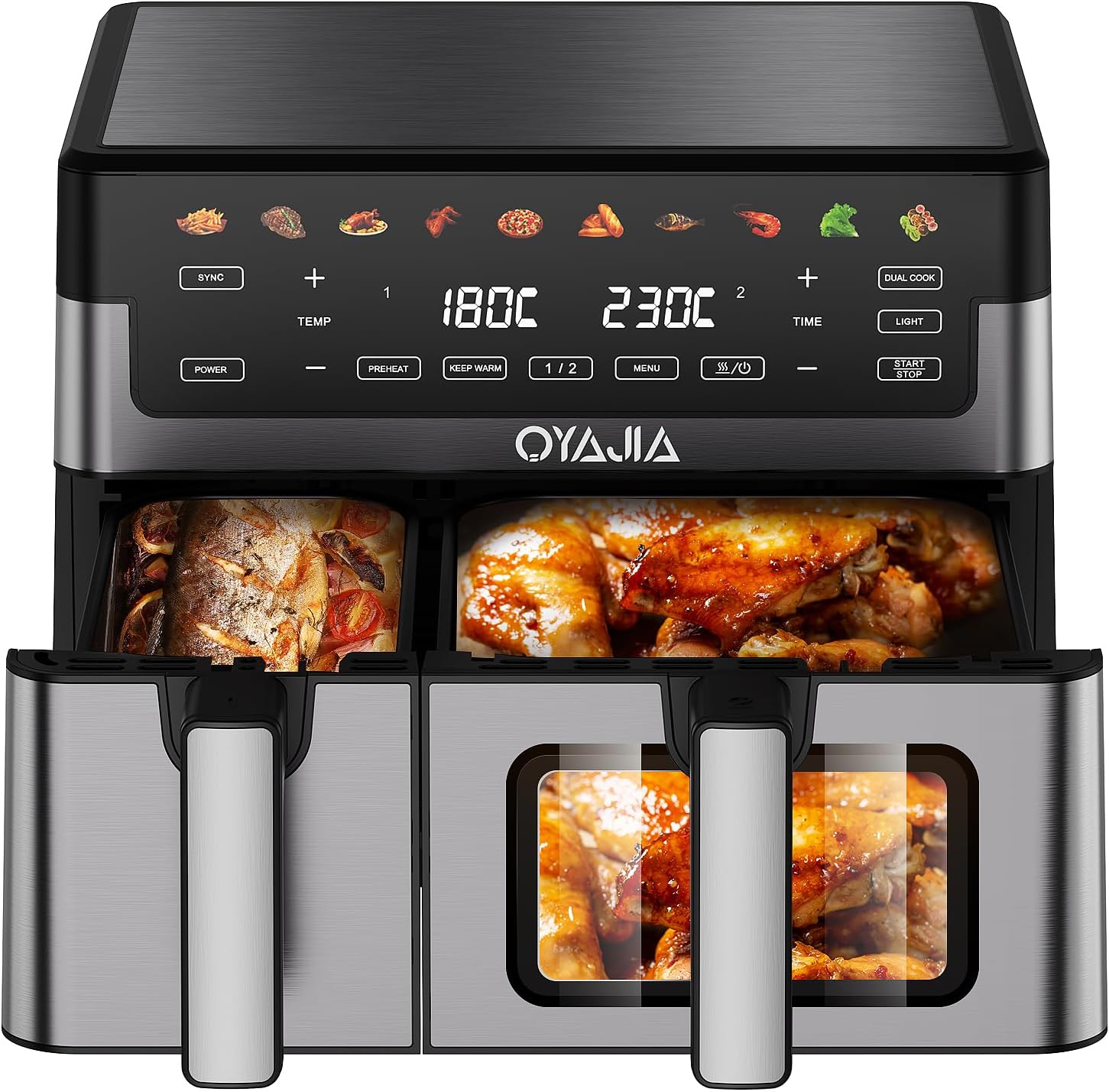 Airfryer Dual Basket 10L 2 Körbe 2 Gerichte Gleichzeitig Fertig Weniger Fett Energieeffizient Einfache Reinigung Airfryer - Digitaler Touchscreen Beleuchtetes Sichtfenster Silber&Schwarz