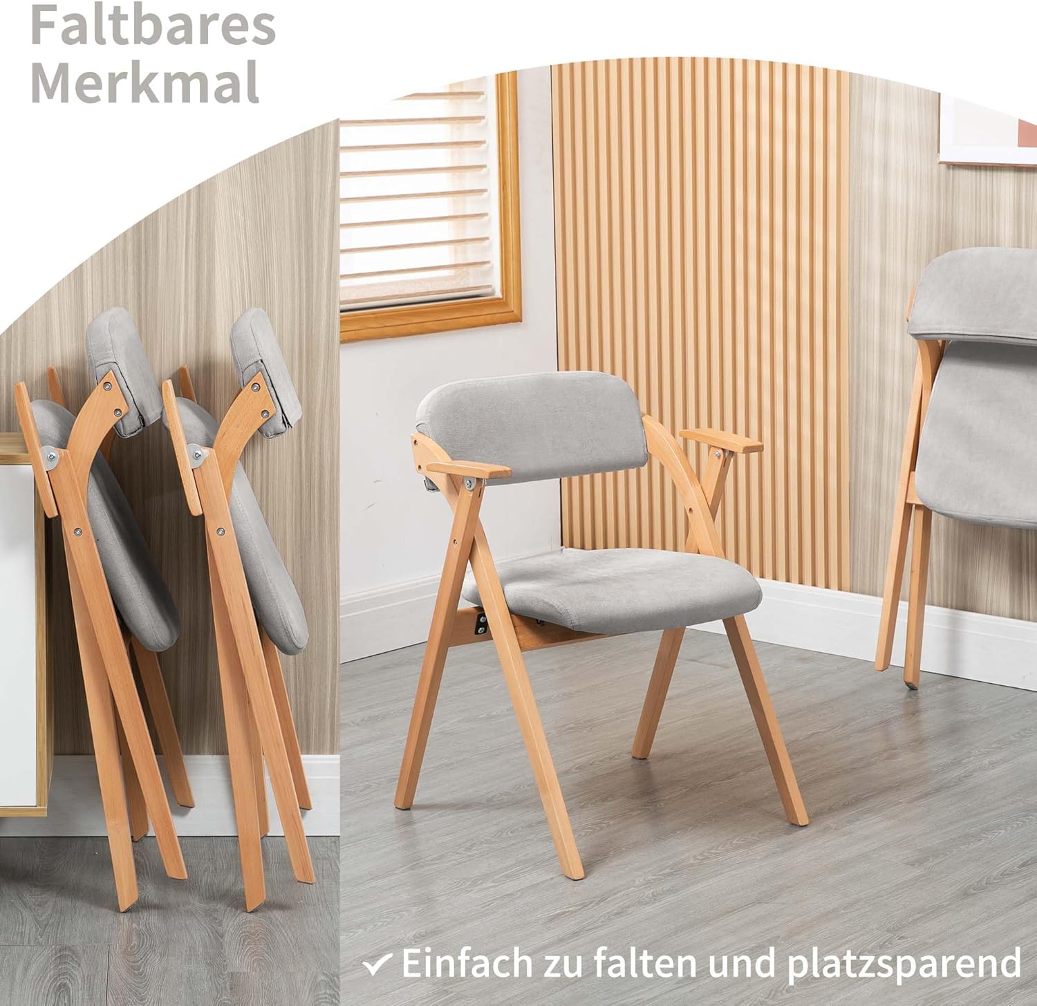 Holz-Faltstühle mit gepolsterten Kissen, Faltbare Esszimmerstühle mit abriebfestem Kunstleder, tragbar und vormontiert für Gäste, Küche, Büro, Hochzeit und Party, Grau