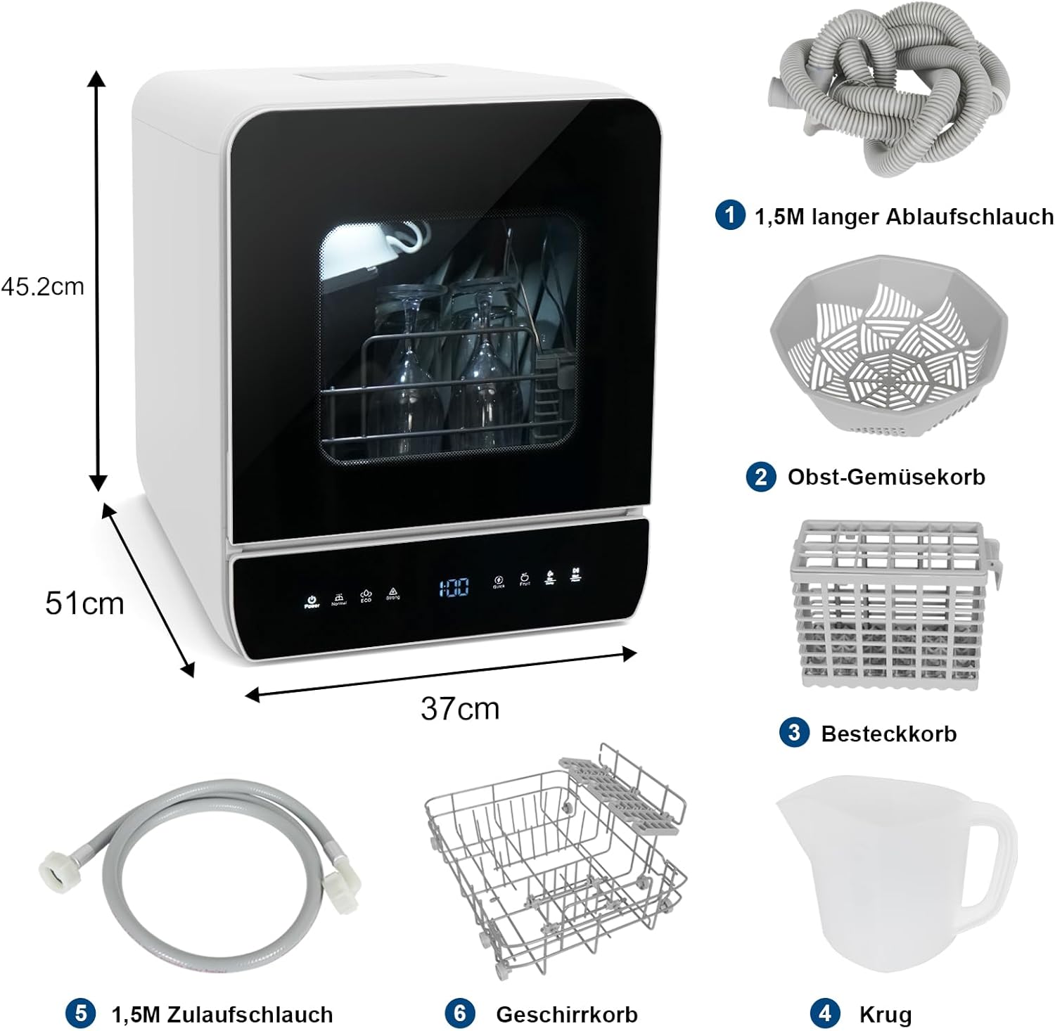 Mini Geschirrspüler für 3 Gedecke, Tischgeschirrspüler mit 7 Programme mit Trocknungsfunktion, mit/ohne Wasseranschluss Benutzbar, Spülmaschine 4.8L, Touch Control für Wohnmobile Wohnungen
