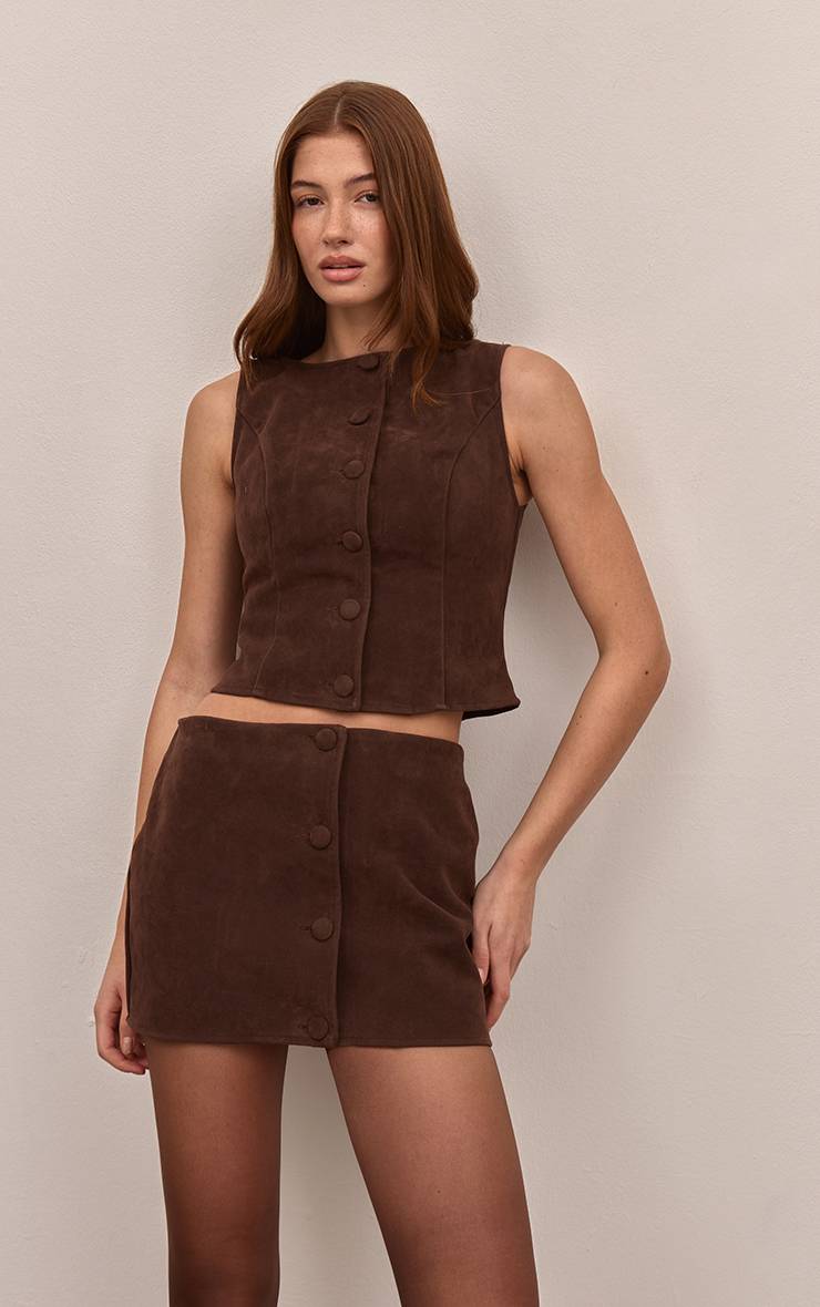 Marron Foncé Ensemble Coordonné Gilet Boutonné En Synthétique