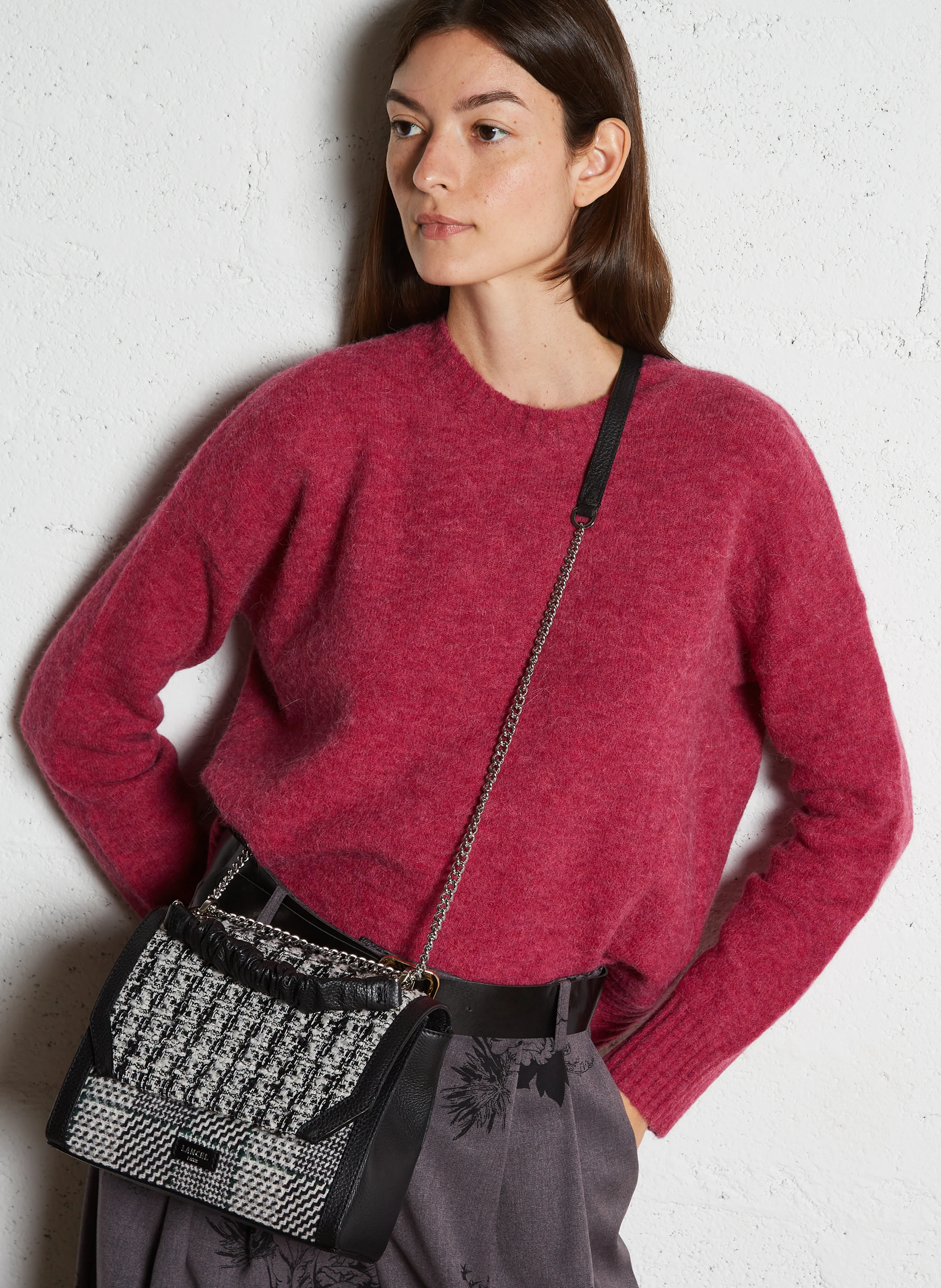 NINON M - Sac bandoulière effet tweed en cuir| Blanc