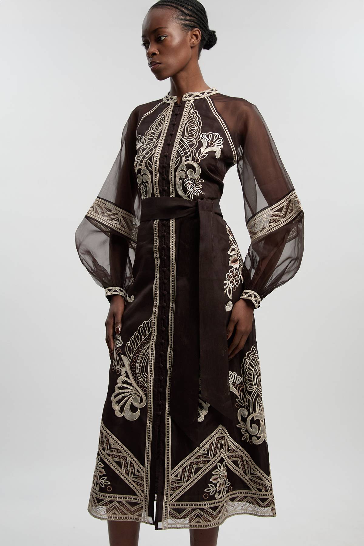 KarenMillen Robe Longue Tissée à Manches Bouffantes en Organdi Brodé