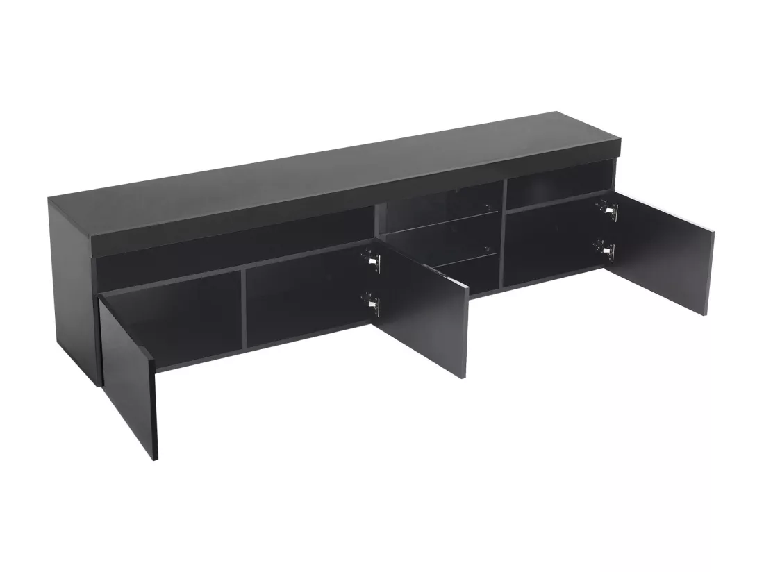 Meuble TV en MDF, avec LED 4 Modes 16 couleurs, 3 portes et 5 niche, Noir, 180x35x45cm