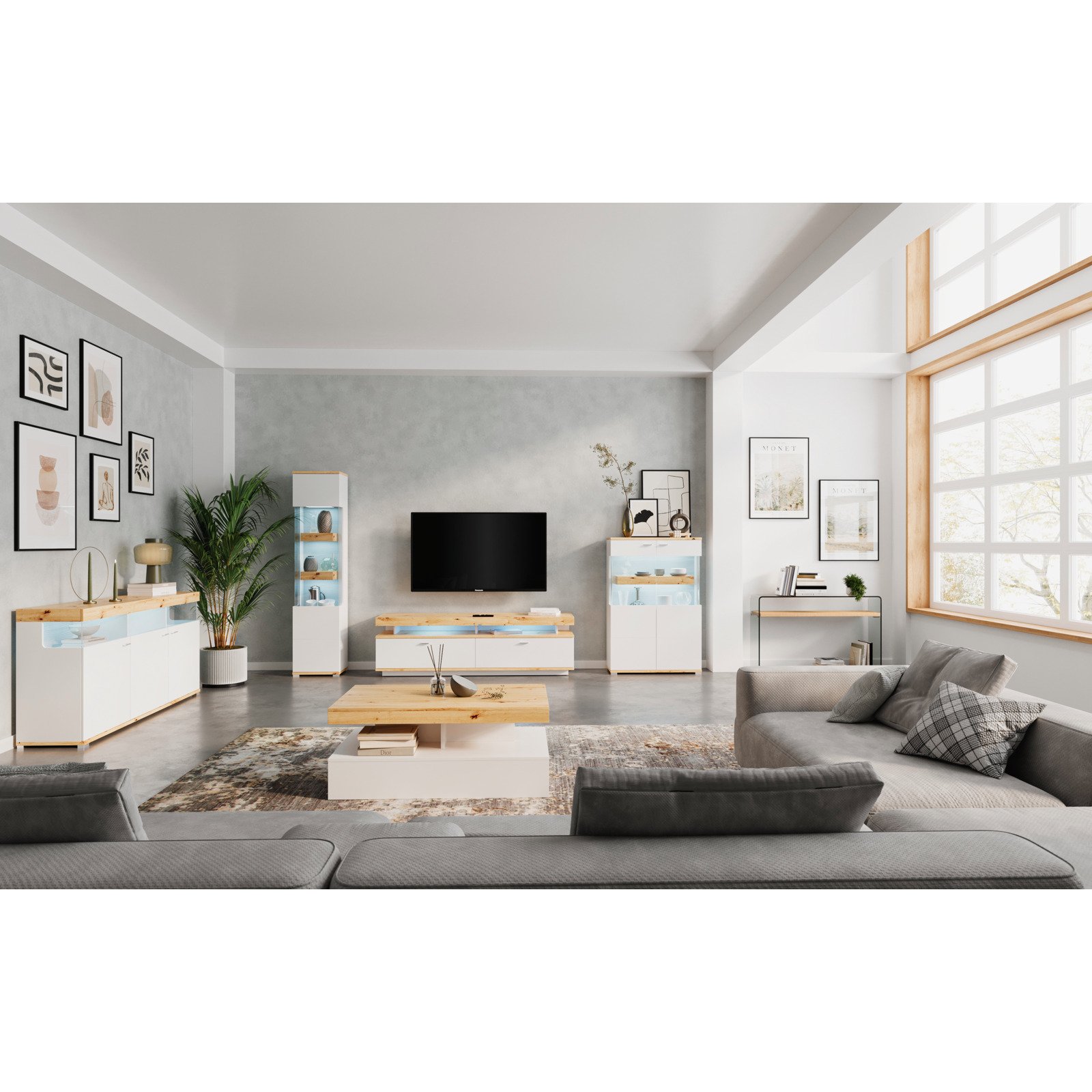 Highboard Corso Melamin weiss Artisan 90 x 135 x 37 cm, inkl. LED