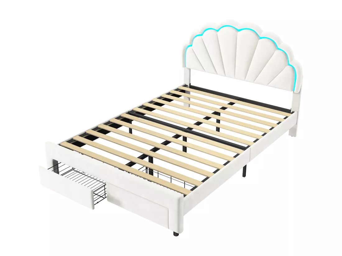 Lit double 140x200,lit double capitonné,2 tiroirs en bout de lit,tête de lit pétale,LED réglable,velours,blanc
