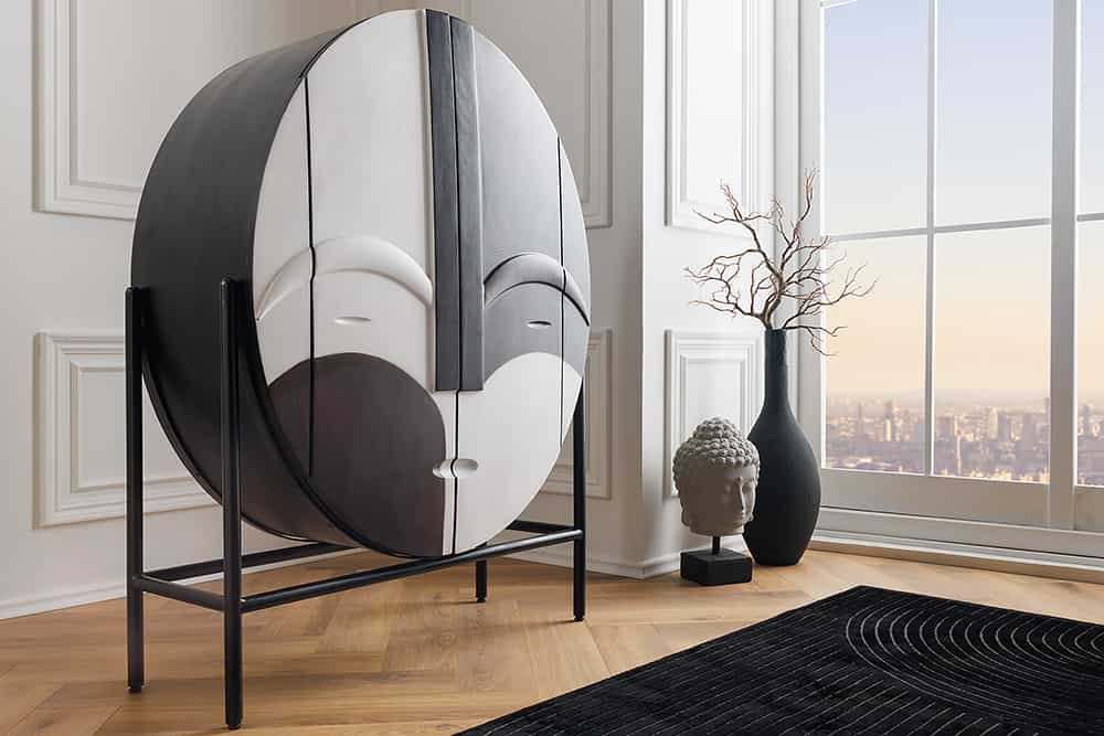 Massivholz Highboard VOODOO 120cm braun weiß schwarz Mangoholz mit 3D Schnitzereien oval Metallgestell