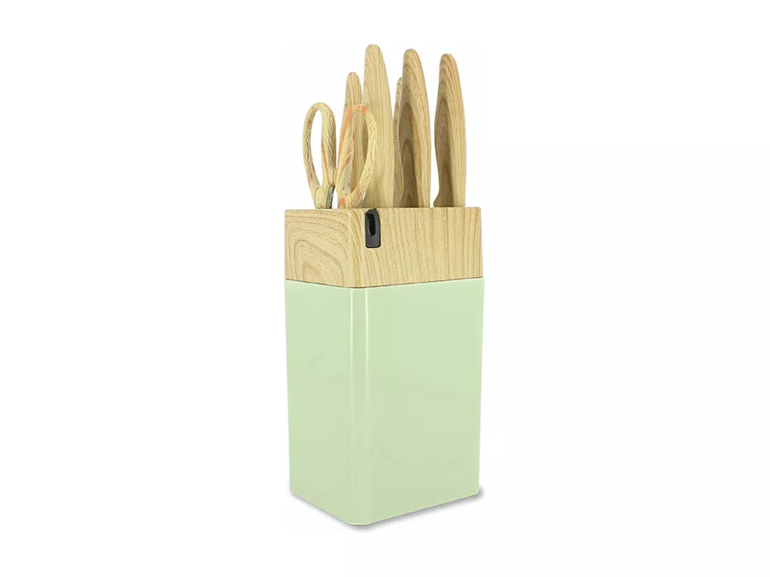 Menastyl - Bloc A Couteaux 6 Pieces En Polypropylene Celadon Et Effet Bois