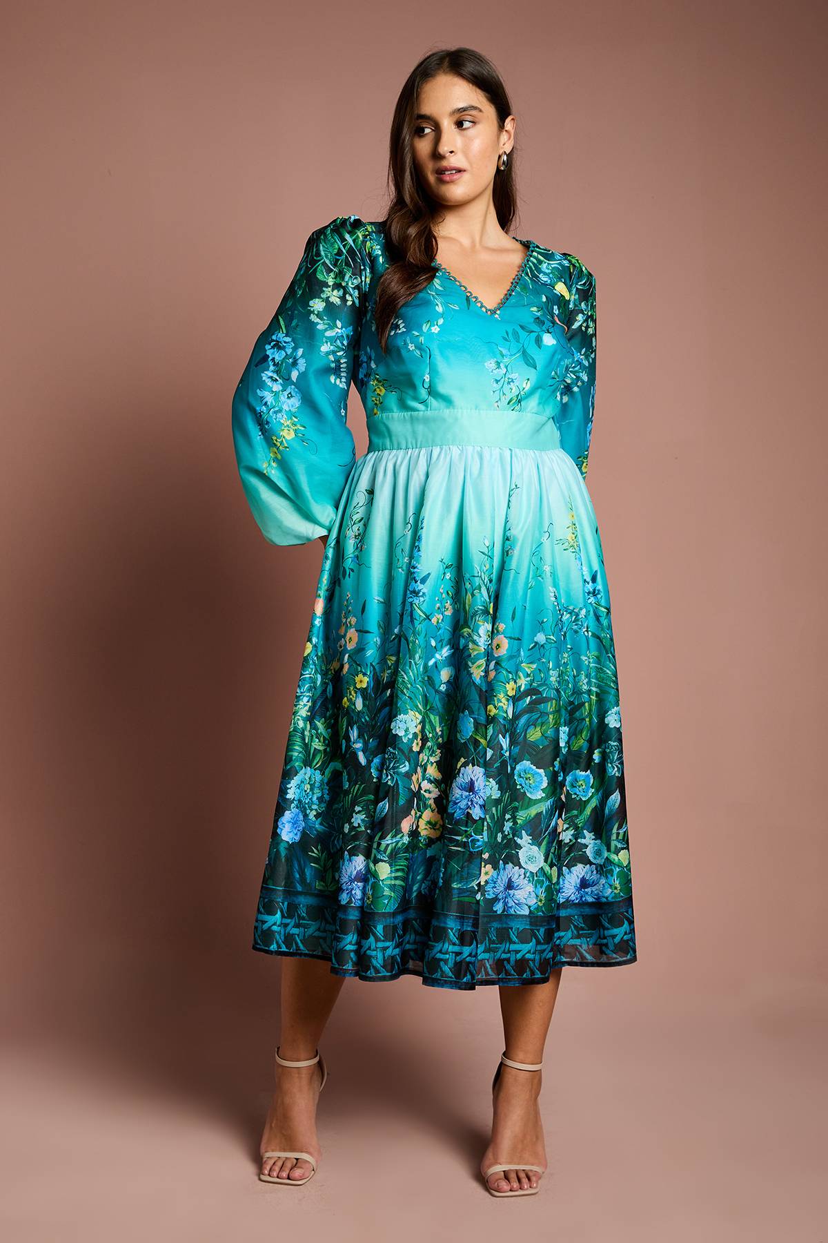 Coast Robe Midi Grande Taille à Col V et Manches Longues avec Imprimé Placé en Organza