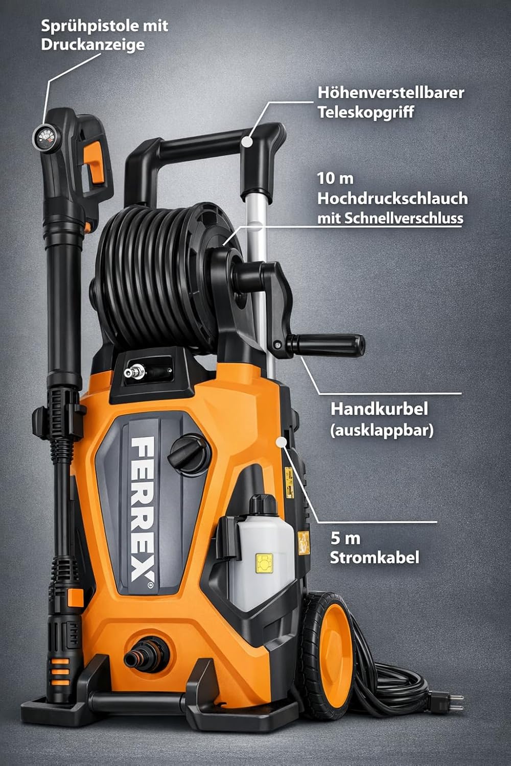 FERREX Hochdruckreiniger 2400 W, 170 bar, 500 l/h, mit Schlauchtrommel & 10 m Schlauch, Kaltwasserreiniger mit Turbodüse, Vario-Düse, Reinigungsmittelbehälter, Netzbetrieb