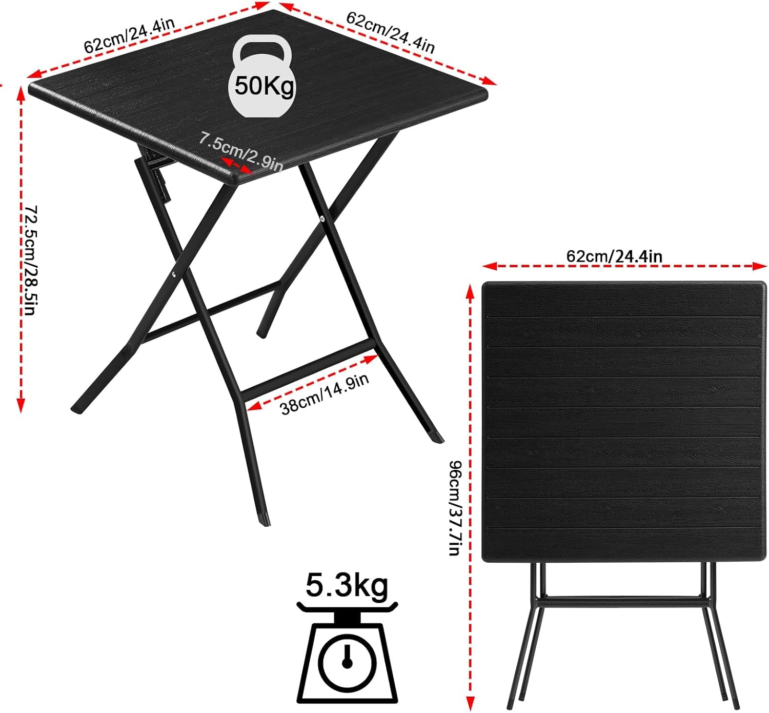 eSituro Klapptisch, Gartentisch Balkontisch wetterfest, Outdoor Beistelltisch klappbar, kleiner Tisch für Balkon Terrasse Garten, 62x62 cm, 50 kg belastbar, Schwarz AH1179621