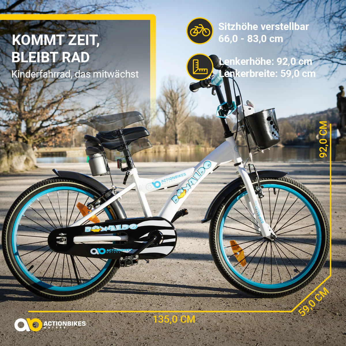 Actionbikes Kinderfahrrad Donaldo 20 Zoll, V-Brake-Bremsen, höhenverstellbar, Seitenständer, Korb