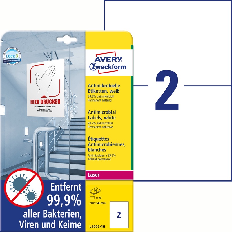 Avery Zweckform Etiketten Antimikrobiell, L8002-10, 210 x 148 mm, 10 Blatt