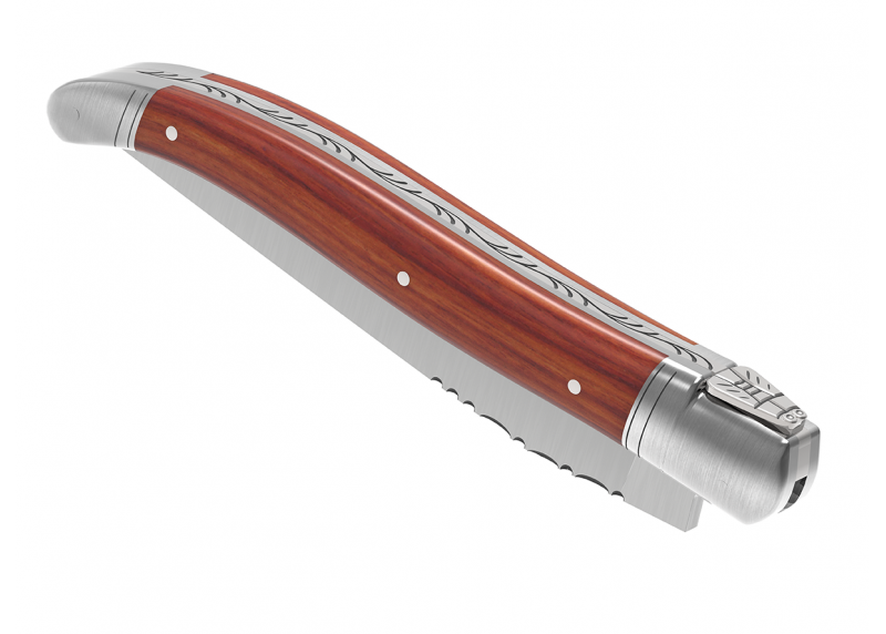 Couteau Laguiole avec un manche en bois de rose et 2 mitres en acier inoxydable