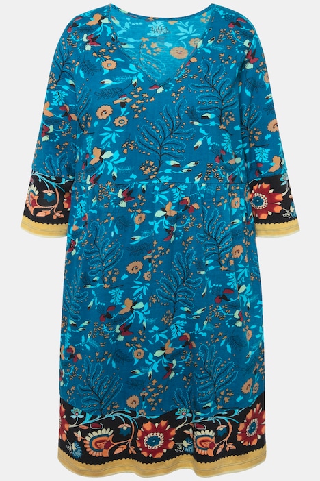 Jerseykleid, Blüten, A-Linie, V-Ausschnitt, 3/4-Arm