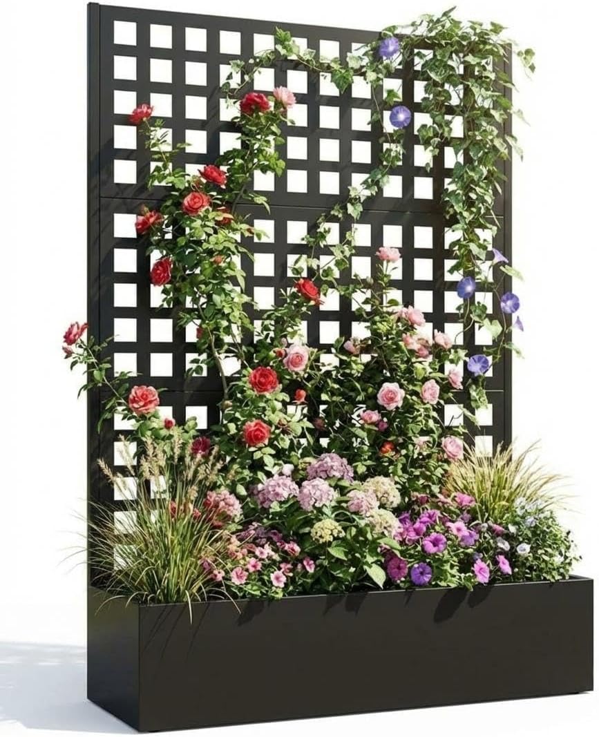 Blumenkasten mit Sichtschutz, 120x40x180cm Pflanzkasten mit Rankgitter, Drainagelöchern & Feststellbaren Rollen, Rankhilfe aus Metall für Innen & Außen, Garten, Terrasse und Balkon - A