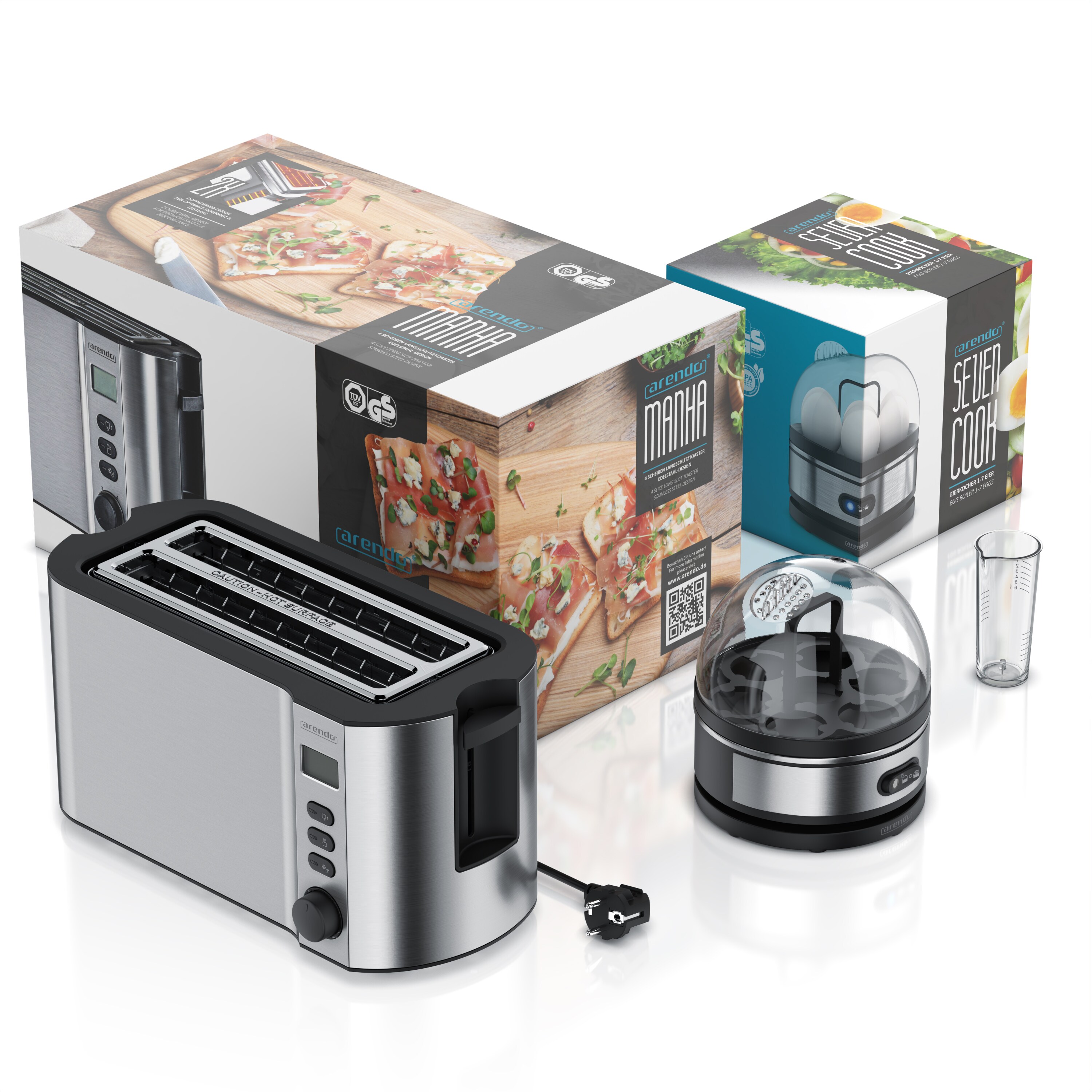 Arendo Frühstücksset 2-teilig, Eierkocher SEVENCOOK, 4-Scheiben Langschlitztoaster, Silber