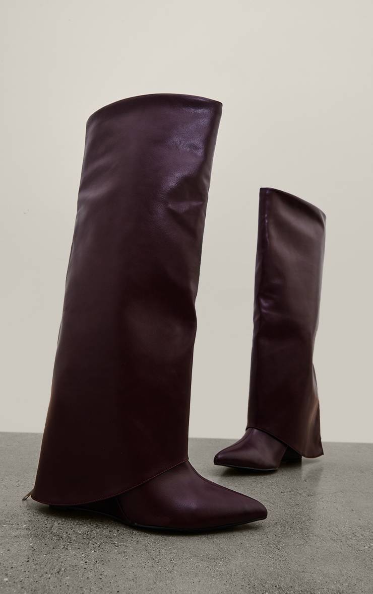 Rouge Bordeaux Bottes Hautes À Talon Compensé Coupe Large En Synthétiquecuir Avec Détail Zip Et Bout Pointu