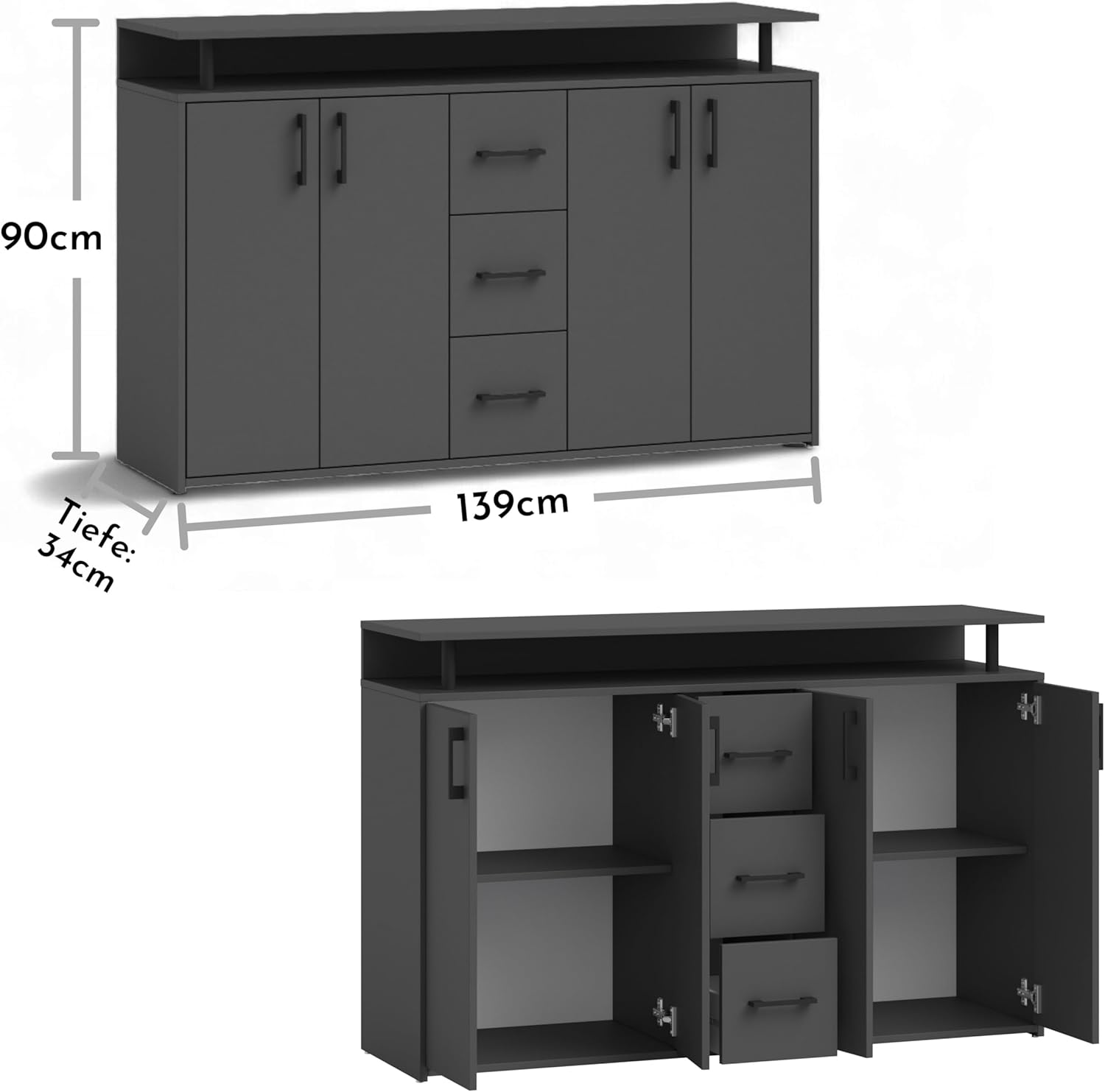 Drift Highboard mit Ablage in Anthrazit - Moderner Wohnzimmerschrank mit Schubladen und viel Stauraum für Ihren Wohnbereich - 139 x 90 x 34 cm (B/H/T)