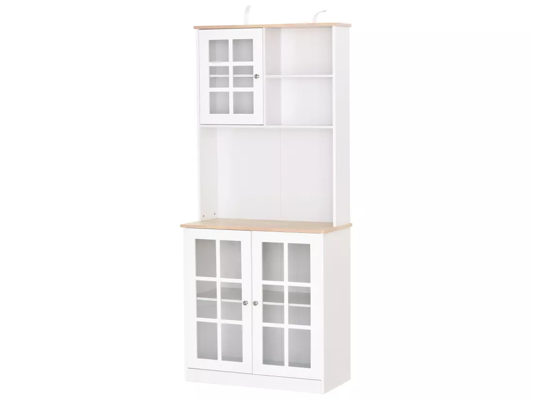 Armoire de cuisine multi-rangements 3 portes vitrine verre avec étagère 2 niches grand plateau MDF blanc chêne