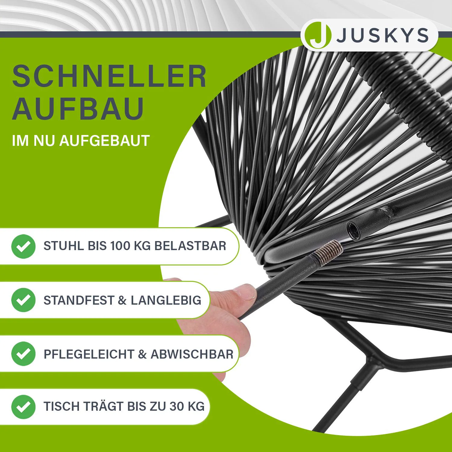 Juskys Balkonmöbel Set Ostana 3-teilig mit Tisch & 2 Sesseln - stilvolles Gartenmöbel Schwarz