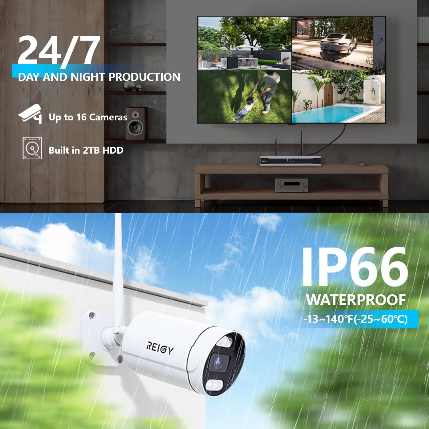 REIGY 8MP WLAN Überwachungskamera Set Aussen mit 2TB Festplatte, 4K Überwachungssystem 16CH WiFi NVR +4x2160P Kamera Outdoor, Zwei-Wege-Audio Bewegungserkennung Farbige Nachtsich