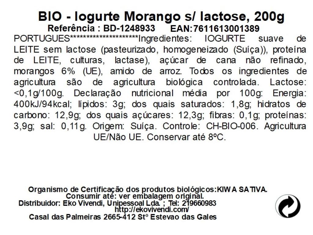 IOGURTE MORANGO BIEDERMANN SEM LACTOSE BIO 200G