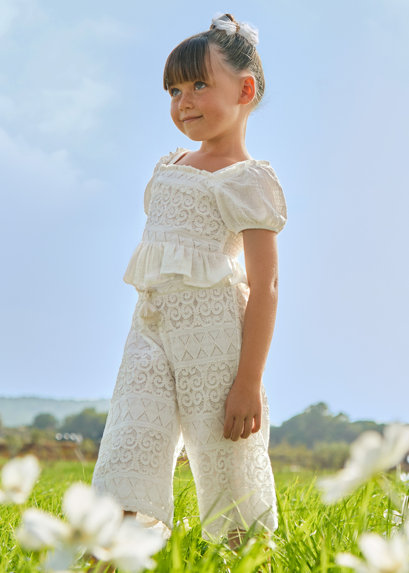 Calças culote de crochê para meninas, cor creme