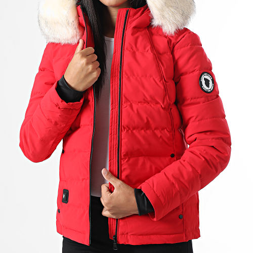 Doudoune Capuche Fourrure Chauffante Femme Budapest Rouge Beige