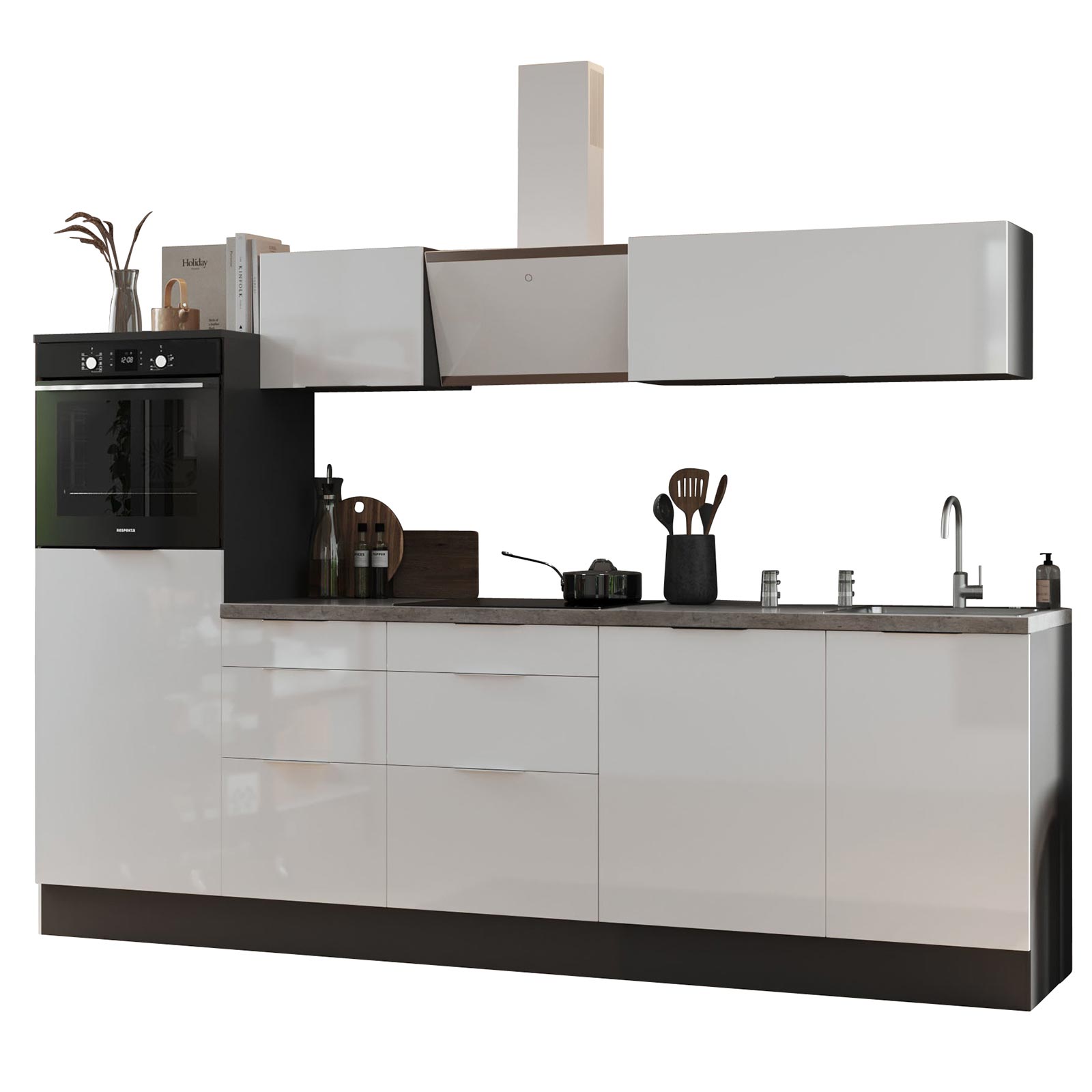 RESPEKTA Küchenblock - weiß Hochglanz - grau matt - mit E-Geräten - 280 cm