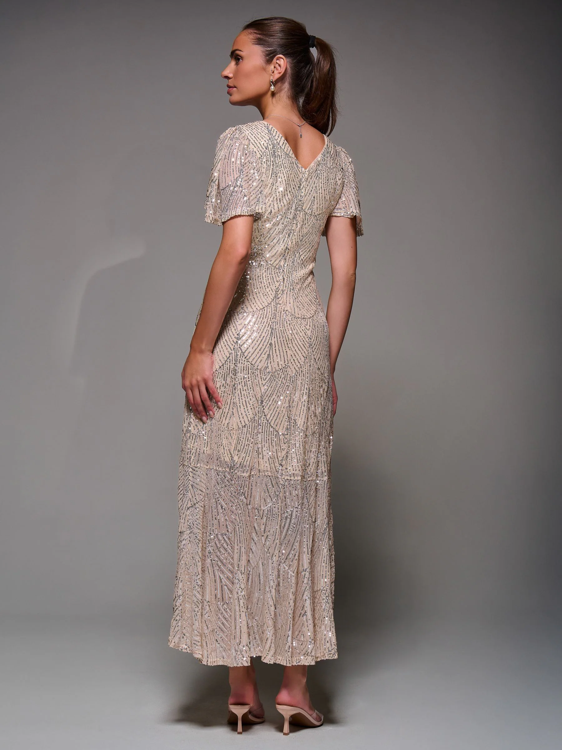 Licht beige - Jolie Moi Sequin Angel Sleeve Ruffle Hem Maxi Dress