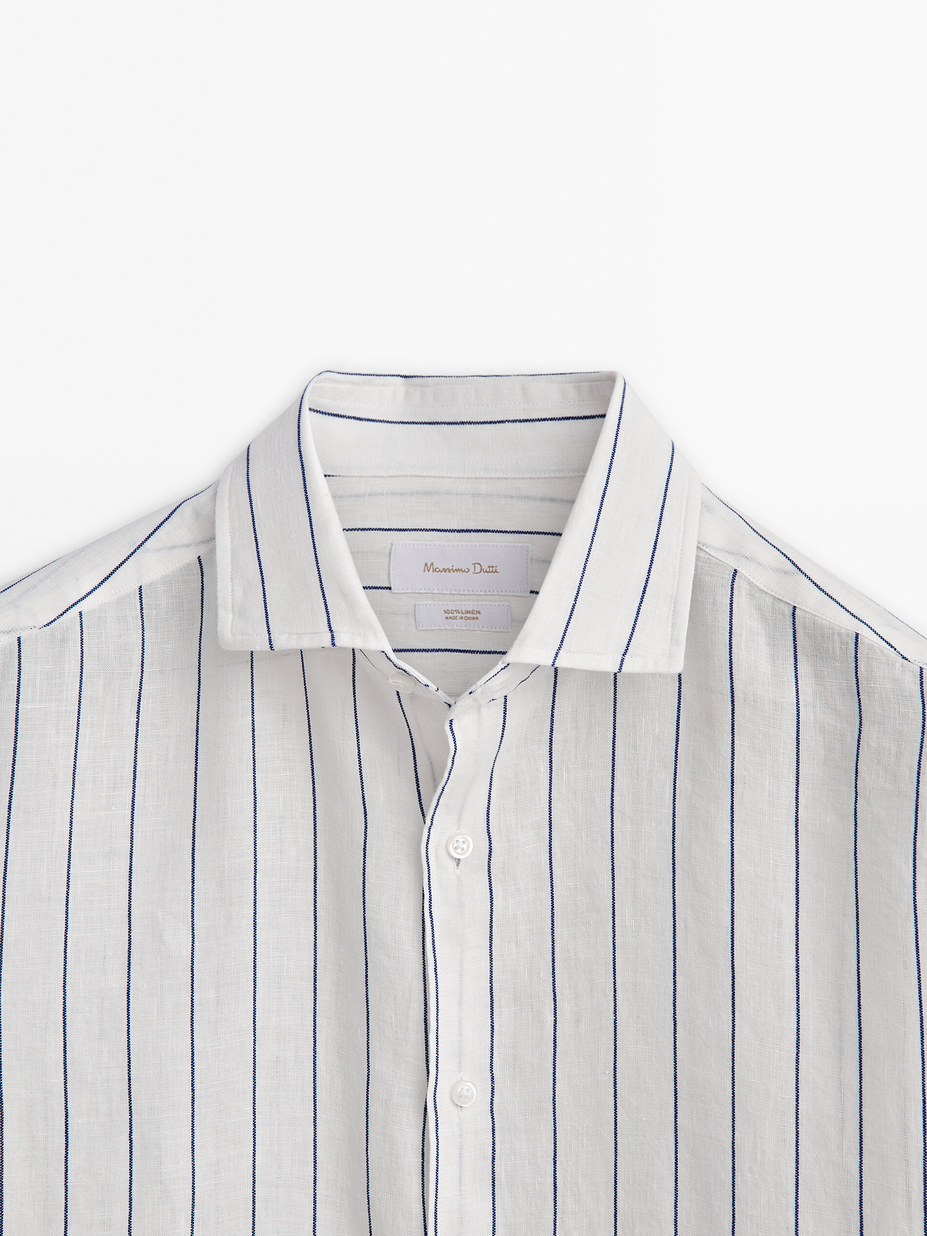 Camisa listrada, em mistura de linho e algodão, modelagem regular - AZUL ESCURO