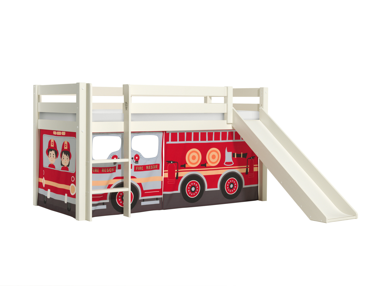 Halbhochbett PINO - Fire Rescue - Kiefer weiß Massivholz - mit Rutsche - 90x200 cm